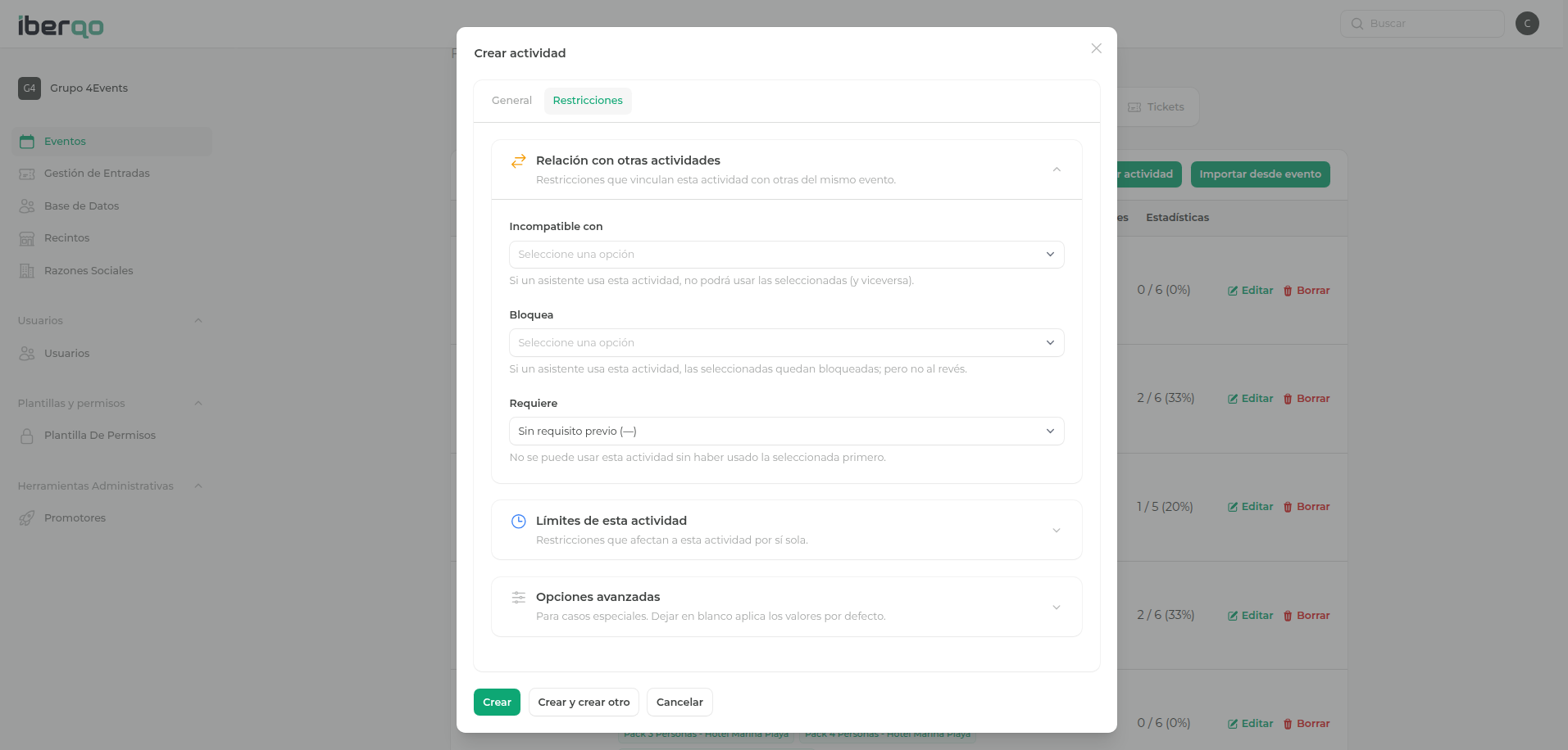 Configuración de restricciones de una actividad en el panel de Iberqo